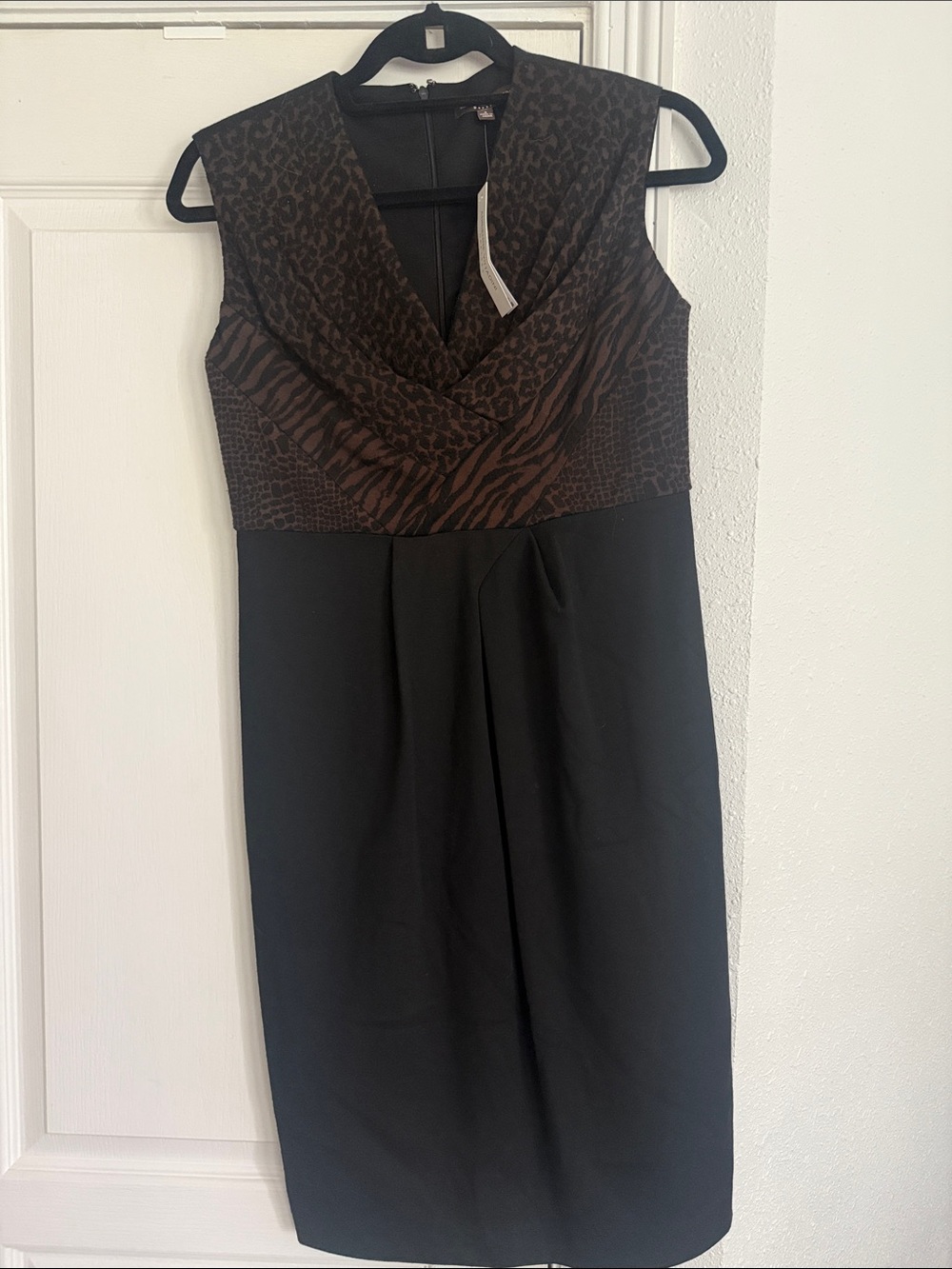 Adrienne Vittadini Black Midi Dress with Brown Animal-Print Bodice